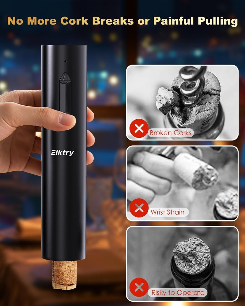 Elktry Electric Wine Opener, Rechargeable Wine Bottle Opener, Electric Corkscrew Wine Opener with Foil Cutter, Wine Pourer&Vacuum Stoppers, USB-C Charge Cable, Ideal Gift for House Warming Wedding Party - Image 2